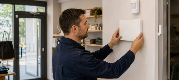 Técnico instalando la central y los detectores de una alarma en un comercio