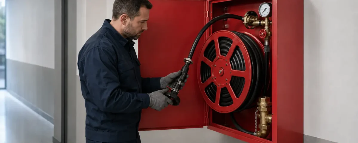 Técnico revisando la manguera y el manómetro de una BIE abierta.