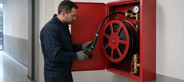 Técnico revisando la manguera y el manómetro de una BIE abierta.