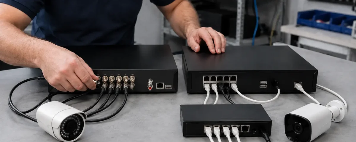 Técnico compara las conexiones coaxiales de un DVR y los puertos de red de un NVR