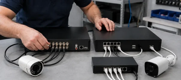 Técnico compara las conexiones coaxiales de un DVR y los puertos de red de un NVR
