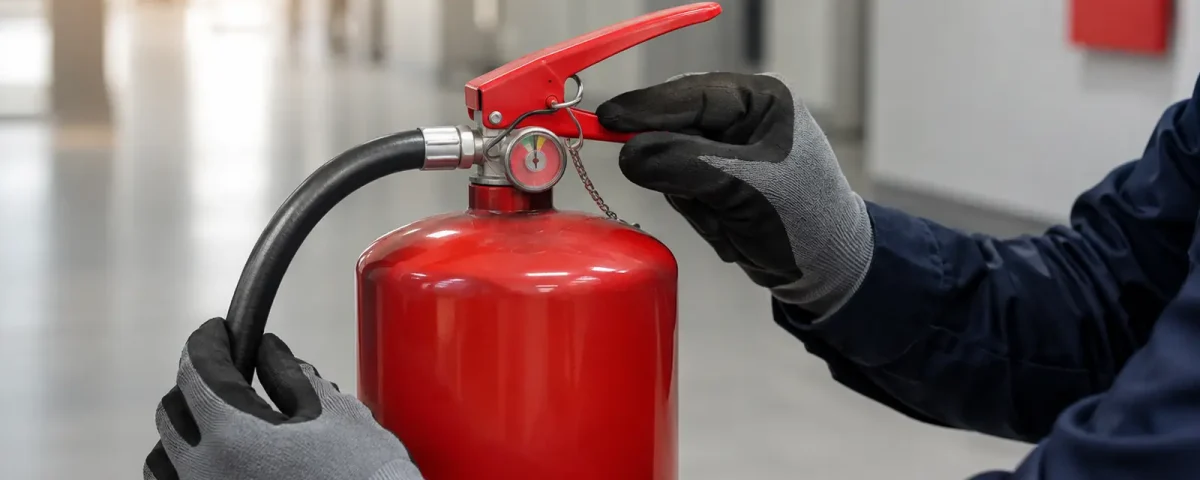 Técnico revisando el manómetro y la manguera de un extintor