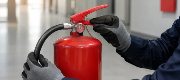 Técnico revisando el manómetro y la manguera de un extintor